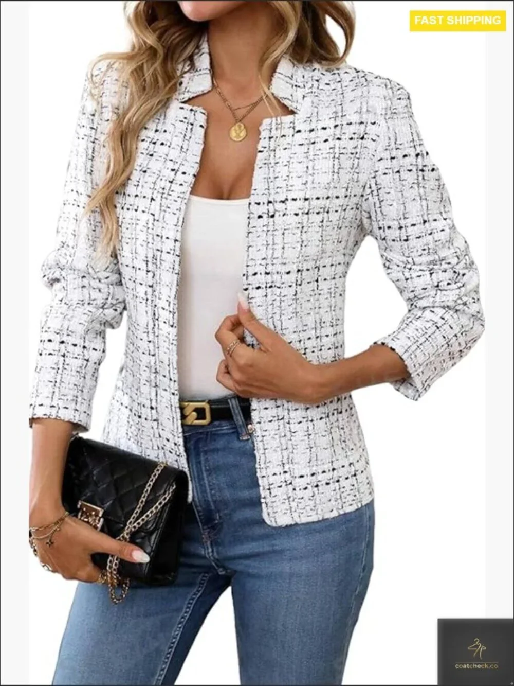Tweed Open Front Blazer Slim Fit Fully Lined Long Sleeve Notch Collar Work